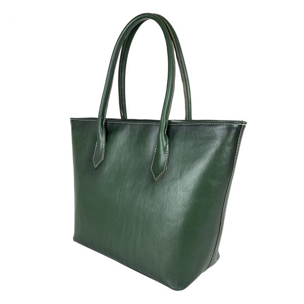 Kožená dámska kabelka SHOPPER ručne tamponovaná a tieňovaná v zelenej farbe - Image 3