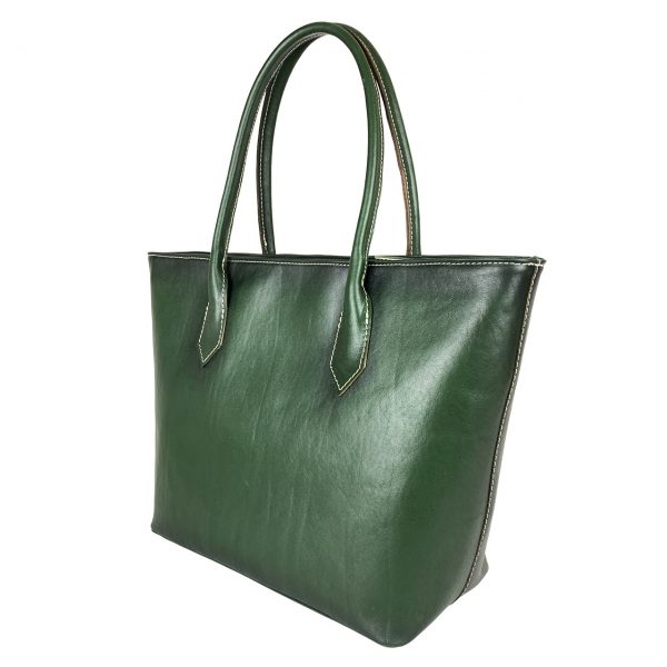 Kožená dámska kabelka SHOPPER ručne tamponovaná a tieňovaná v zelenej farbe - Image 2