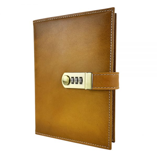 XXL zápisník z prírodnej kože na heslový zámok, ručne tieňovaný, žltá farba