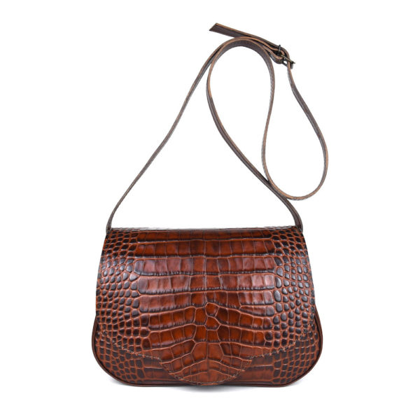 Kabelka crossbody z hovädzej kože s dezénom krokodíla v hnedej farbe - Image 3