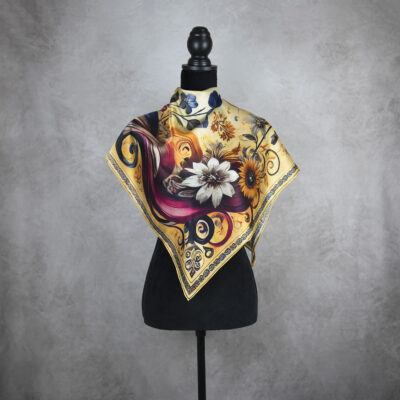 Hodvábna šatka LÚČNE KVETY - ZLATÉ, 90 x 90cm, Vyrobené na Slovensku