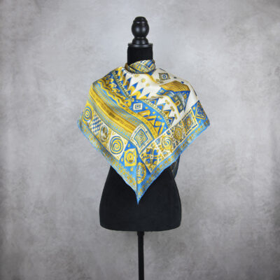 Hodvábna šatka ČIČMANY - MODRO-ZLATÉ, 90 x 90cm, Vyrobené na Slovensku