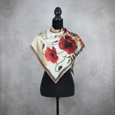 Hodvábna šatka MAK VLČÍ - ČERVENÝ, 90 x 90cm, Vyrobené na Slovensku