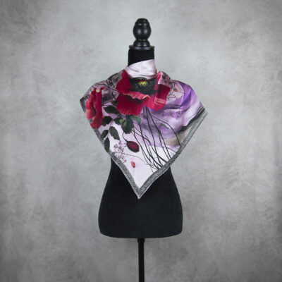 Hodvábna šatka MAK VLČÍ - FIALOVÝ, 90 x 90cm, Vyrobené na Slovensku
