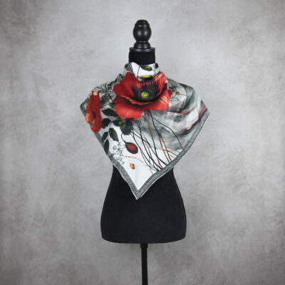 Hodvábna šatka MAK VLČÍ - SIVÝ, 90 x 90cm, Vyrobené na Slovensku