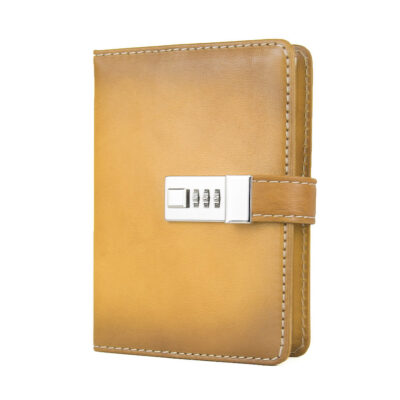 Veľký ručne tieňovaný zápisník z prírodnej kože na heslový zámok, svetlo žltá farba