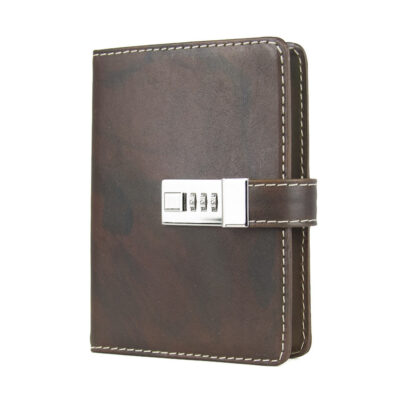 Veľký ručne tieňovaný zápisník z prírodnej kože na heslový zámok, tmavo hnedá farba