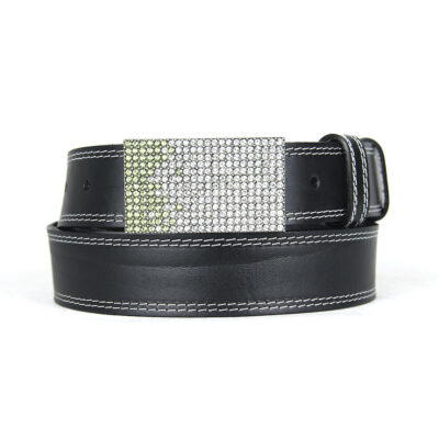 Unikátny čierny opasok z pravej kože SWAROVSKI GREEN, Ručná výroba na Slovensku, Limitovaná edícia