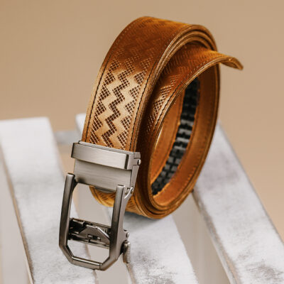 Kožený opasok s dekorom a automatickou prackou – NICKEL GAP, limitovaná edícia, koňakový