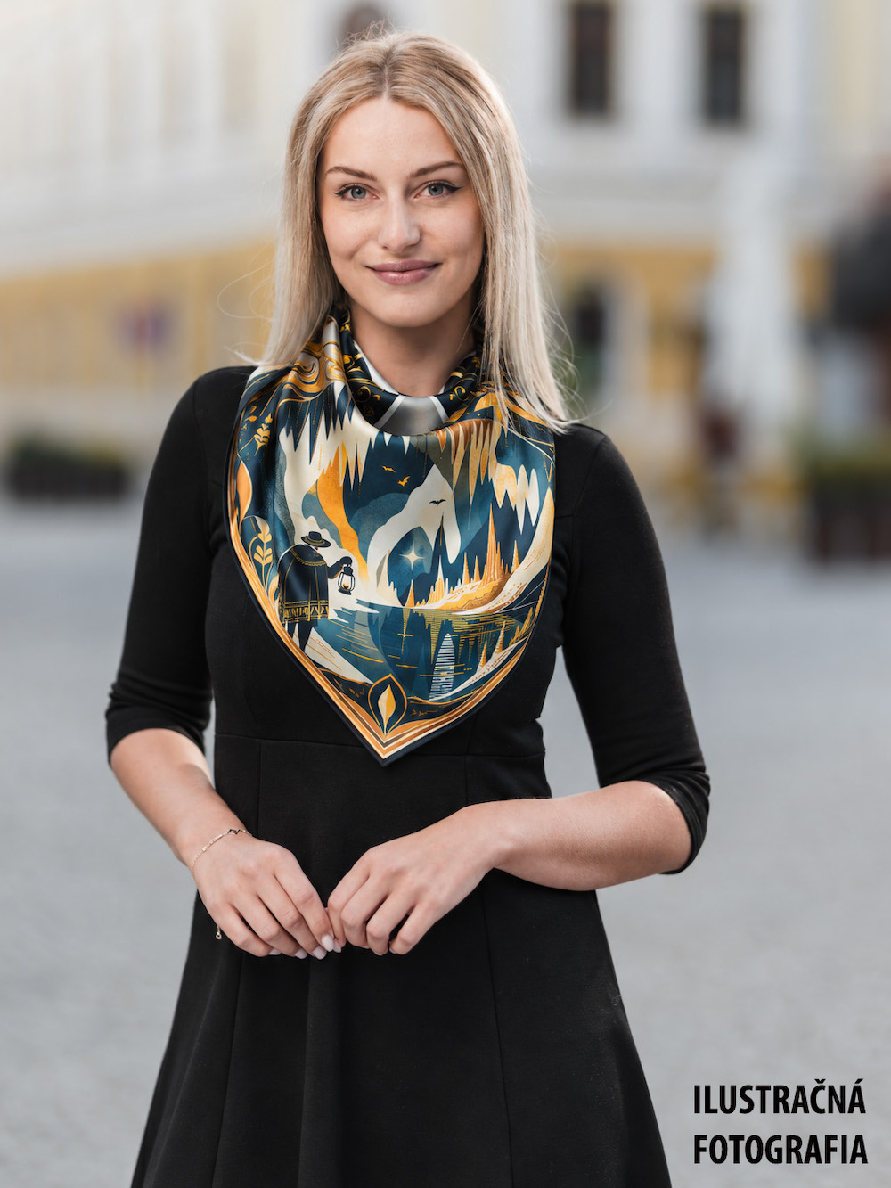 Hodvábna šatka DEMÄNOVSKÁ JASKYŇA SLOBODY – MODRÁ, 90 x 90cm, Vyrobené na Slovensku – Obrázok 6